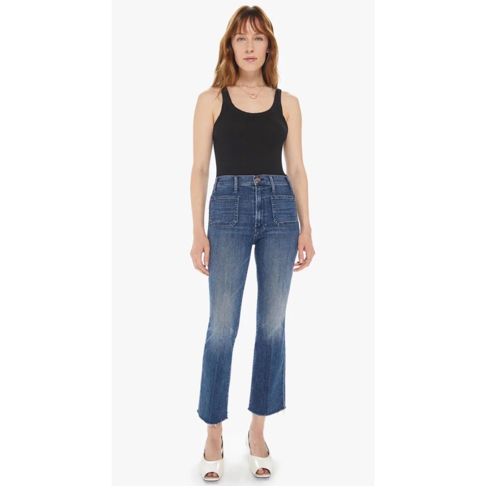 MOTHER The Hustler Size 26 Ankle Fray Jeans Blue Patch Pocket Flare Raw‎ Hem